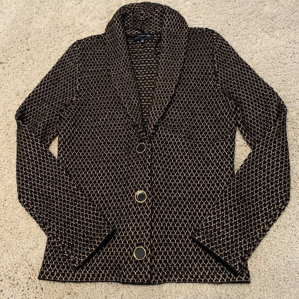 Jones New York Signature Cardigan Sweater Womens Medium Black Gold Metallic